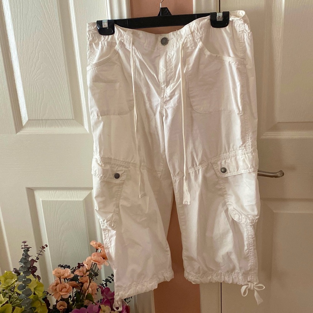 Vintage white cargo summer pants.  Tie waist & tie legs for customized fit